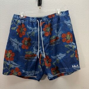 Huk Shorts Mens L Blue Hawaiian Floral Fishing Swim Trunks Mesh Liner Removed